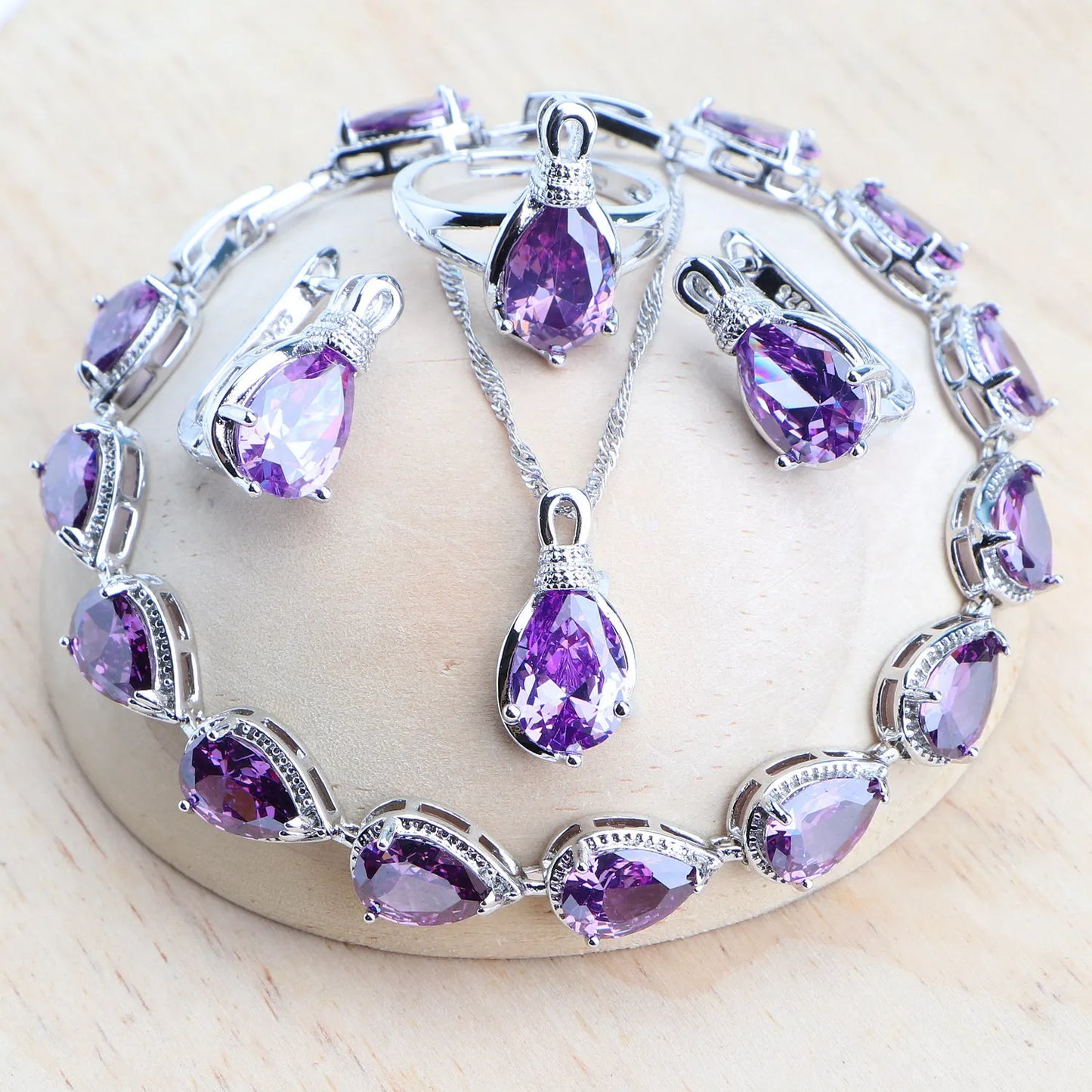 Jewelry 4Sets Costume Jewellery Rainbow Cubic Zirconia Earrings Rings Bracelets Pendant Necklace