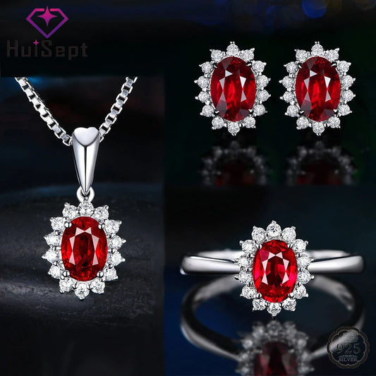 Elegant Silver 925 Earrings Jewelry Set Oval Shape Sapphire Zircon Gemstone Pendant Necklace Open Ring