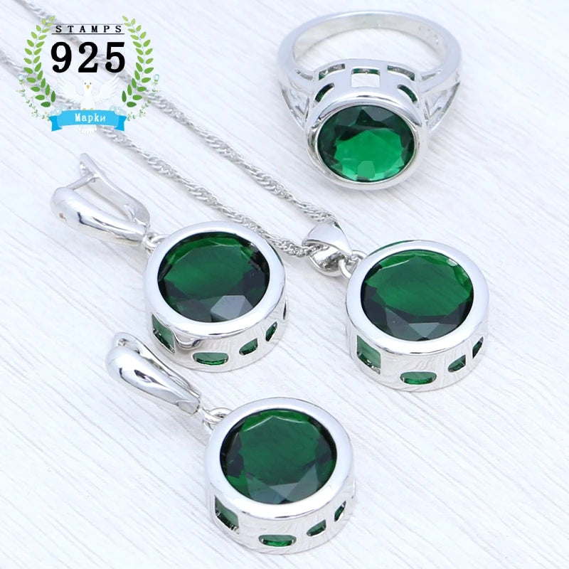 Jewelry 3Set Silver Bridal Earrings Ring Pendant Necklace Round Emerald Jewelry