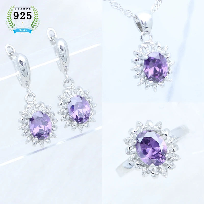 Egg Cubic Zirconia Pink Jewelry Kit 925 Sterling Silver Earrings Adjustable Ring Pendant Woman Engagement Gift Free Jewelry Box