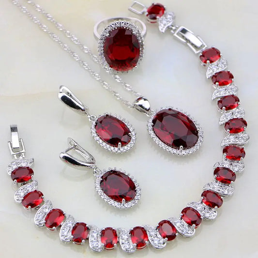 Silver Jewelry Red Garnet White Zircon Jewelry 4Sets For Women Wedding Necklace/Earrings/Bracelet/Pendant/Ring
