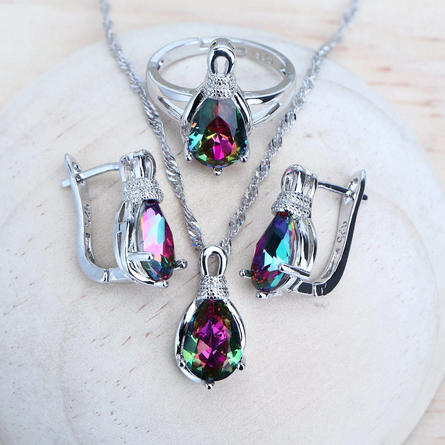 Jewelry 4Sets Costume Jewellery Rainbow Cubic Zirconia Earrings Rings Bracelets Pendant Necklace