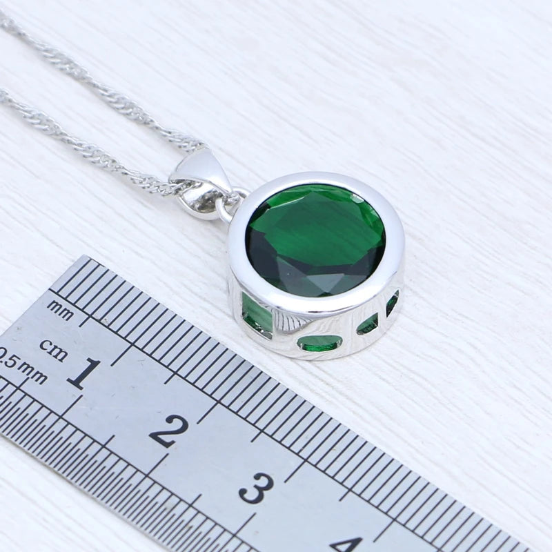 Jewelry 3Set Silver Bridal Earrings Ring Pendant Necklace Round Emerald Jewelry