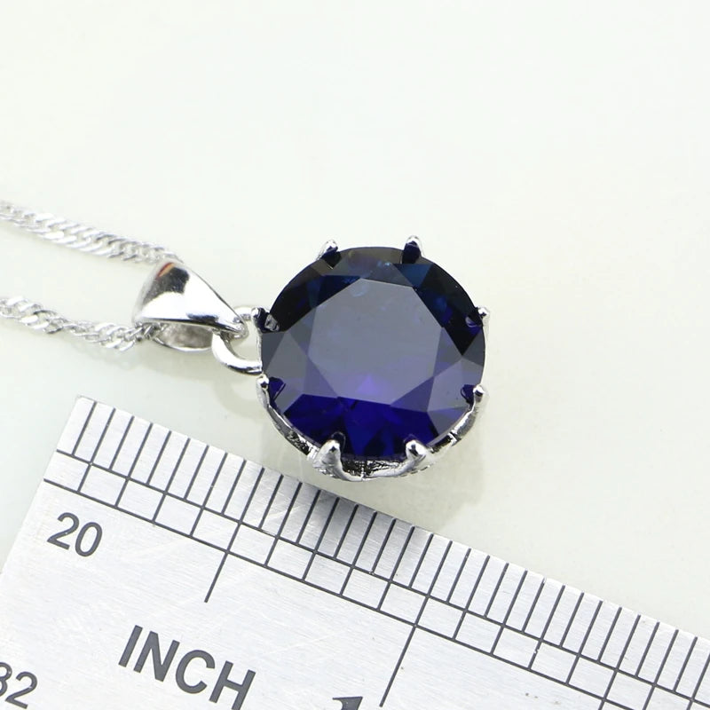 Round Blue Cubic Zirconia White Zircon Sterling Silver Sets Earrings/Pendant/Necklace/Ring For Women