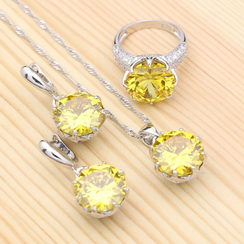 Silver Jewelry Sets Yellow Cubic Zirconia White Crystal Pendant Necklace Ring Earrings
