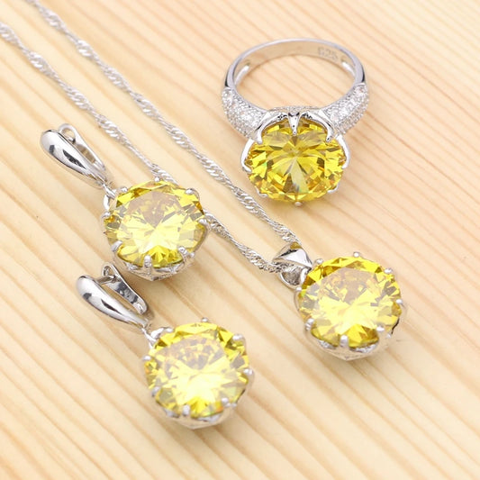 Silver Jewelry Sets Yellow Cubic Zirconia White Crystal Pendant Necklace Ring Earrings