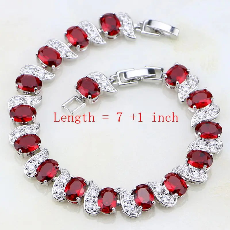 Silver Jewelry Red Garnet White Zircon Jewelry 4Sets For Women Wedding Necklace/Earrings/Bracelet/Pendant/Ring
