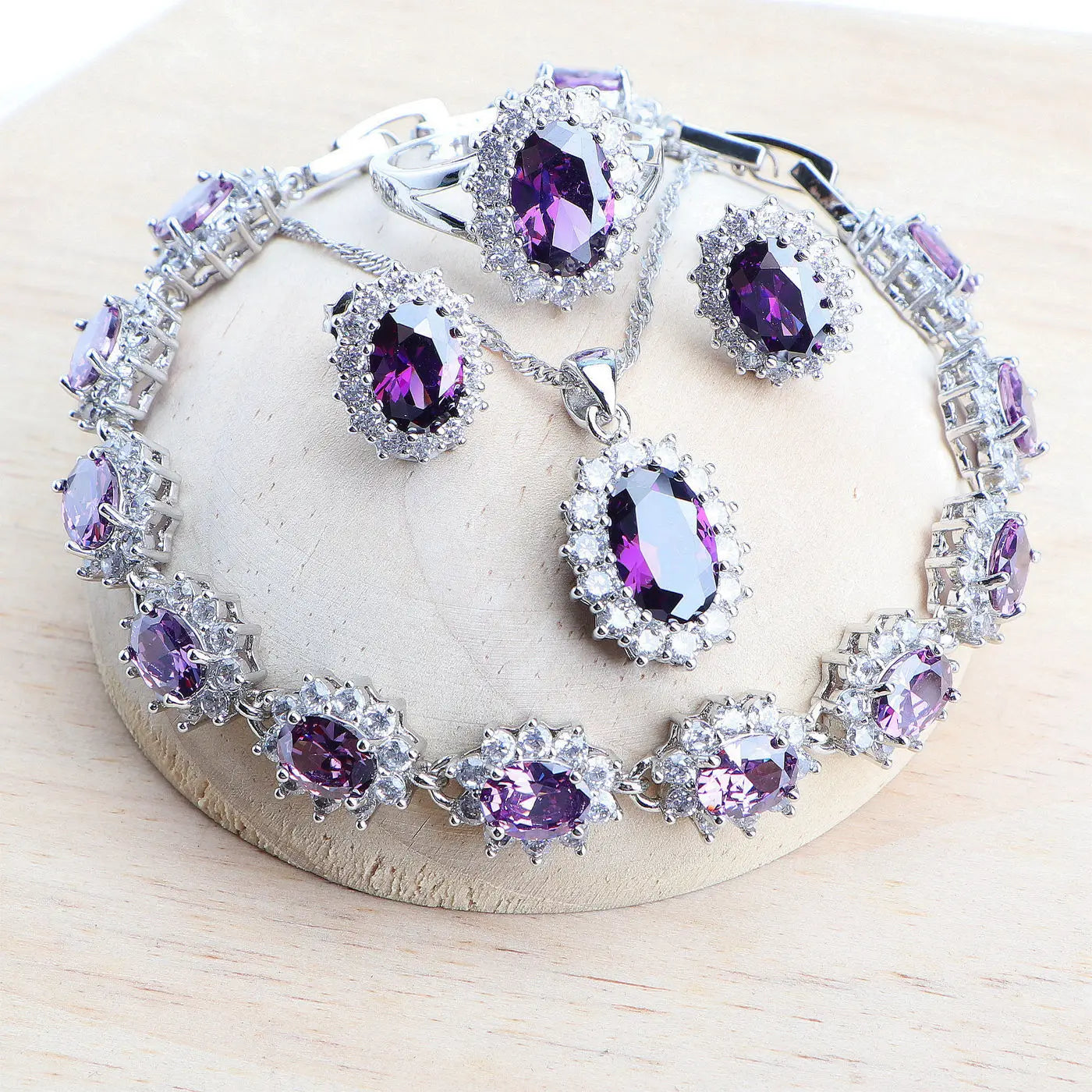 Silver jewelry 4Sets Blue Zirconia Costume Fine Jewellery  Necklace Earrings Rings Bracelets Pendant