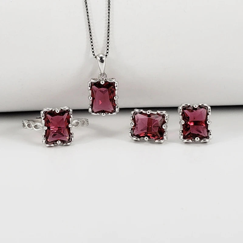 Luxury S925 Sterling Silver Jewelry Set Earrings Ring Necklace Accessories with 7*9mm Emerald Gemstone for Women