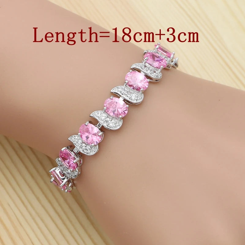 Jewelry 4Sets For Women Pink Cubic Zirconia Ring Bracelet Pendant Earrings Necklace