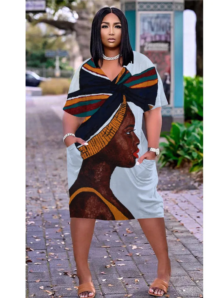 Ladies Short Sleeve Knee-length Boho V-Neck  Dress