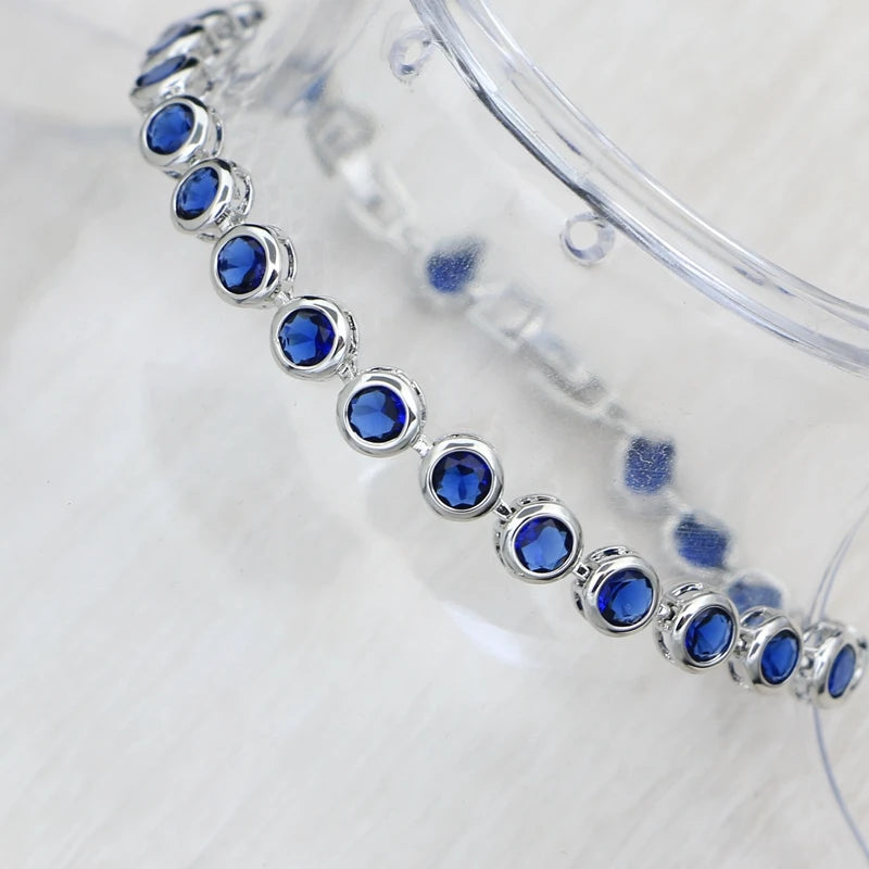 Sterling Silver Slim Bracelet for Women Blue Stone Zircon 18cm+2cm Extension Bracelet Two Buttons Free Gift Box