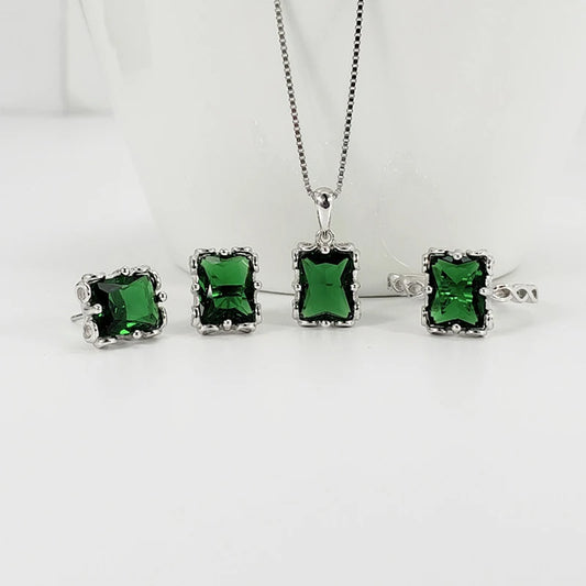 Luxury S925 Sterling Silver Jewelry Set Earrings Ring Necklace Accessories with 7*9mm Emerald Gemstone for Women