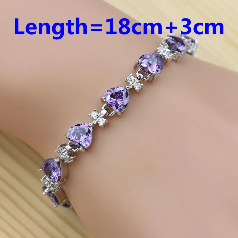 Silver Jewelry 4Sets for Women Purple Cubic Zirconia Ring Bracelet Necklace Pendant Earrings
