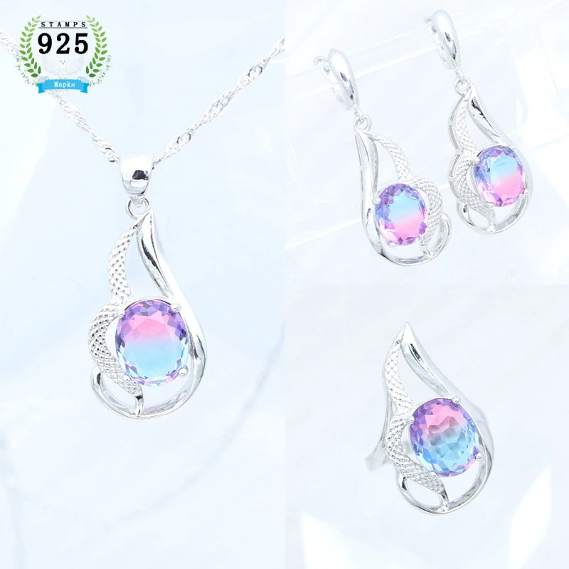 Silver Bridal Jewelry Set  Open Ring Earrings Pendant Necklace Kit Free Jewelry Box