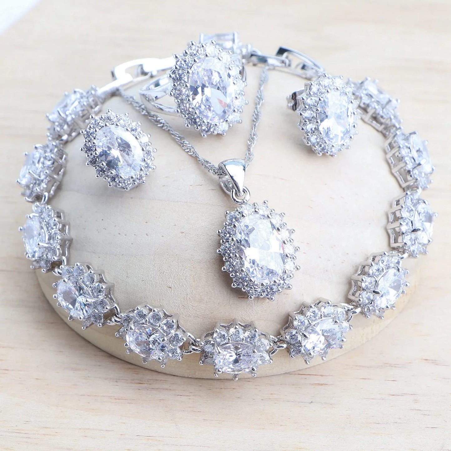 Silver jewelry 4Sets Blue Zirconia Costume Fine Jewellery  Necklace Earrings Rings Bracelets Pendant