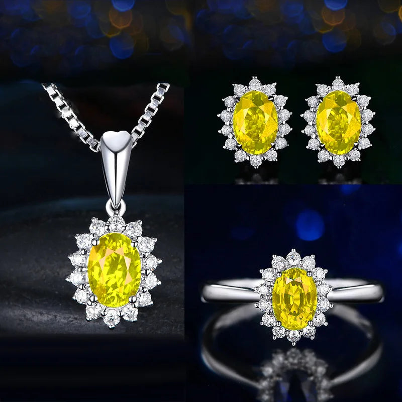 Elegant Silver 925 Earrings Jewelry Set Oval Shape Sapphire Zircon Gemstone Pendant Necklace Open Ring