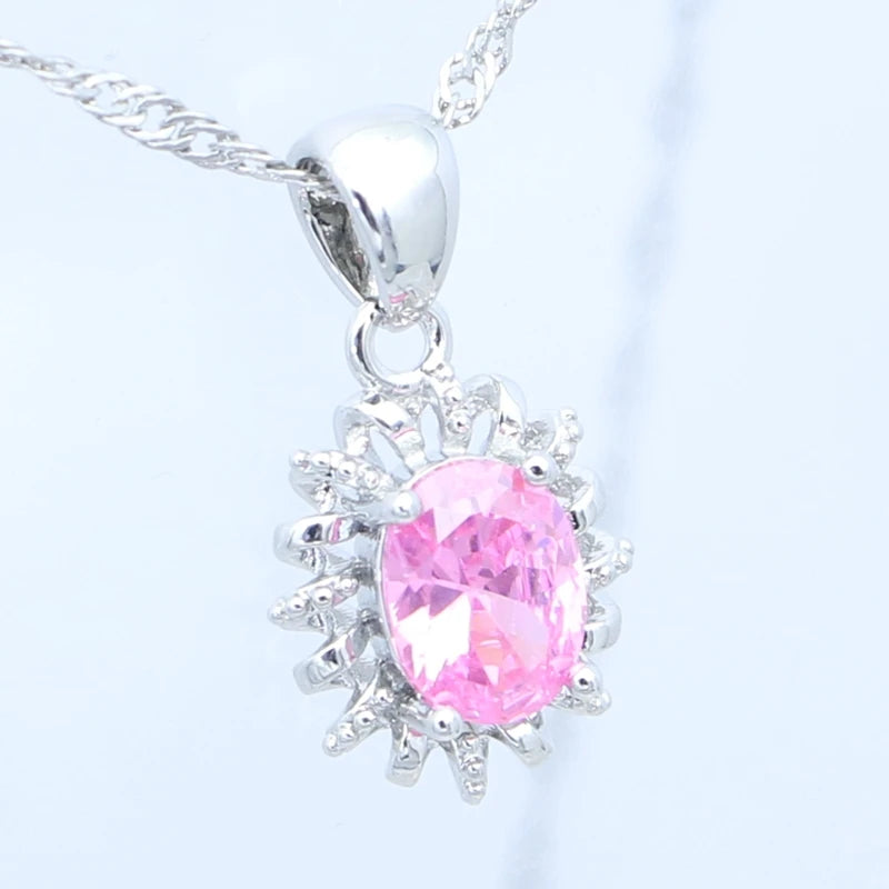 Egg Cubic Zirconia Pink Jewelry Kit 925 Sterling Silver Earrings Adjustable Ring Pendant Woman Engagement Gift Free Jewelry Box