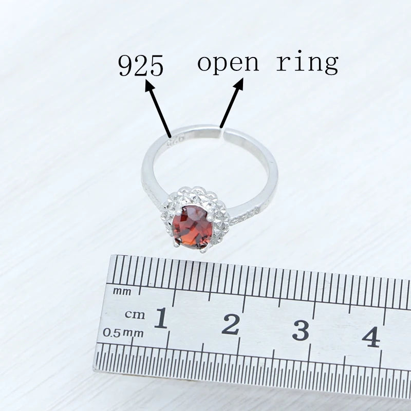 Garnet Ring Earrings Pendant Necklace Sweet Jewelry 925 Sterling Silver Jewelry 3Set