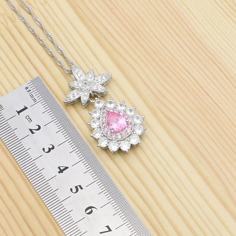 Jewelry 4Sets For Women Pink Cubic Zirconia Ring Bracelet Pendant Earrings Necklace