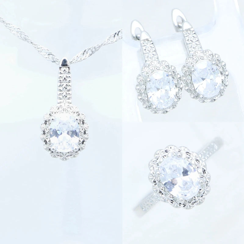 Silver Jewelry 3Set for Women's Wedding Jewelry Earrings Pendant Open Ring Necklace