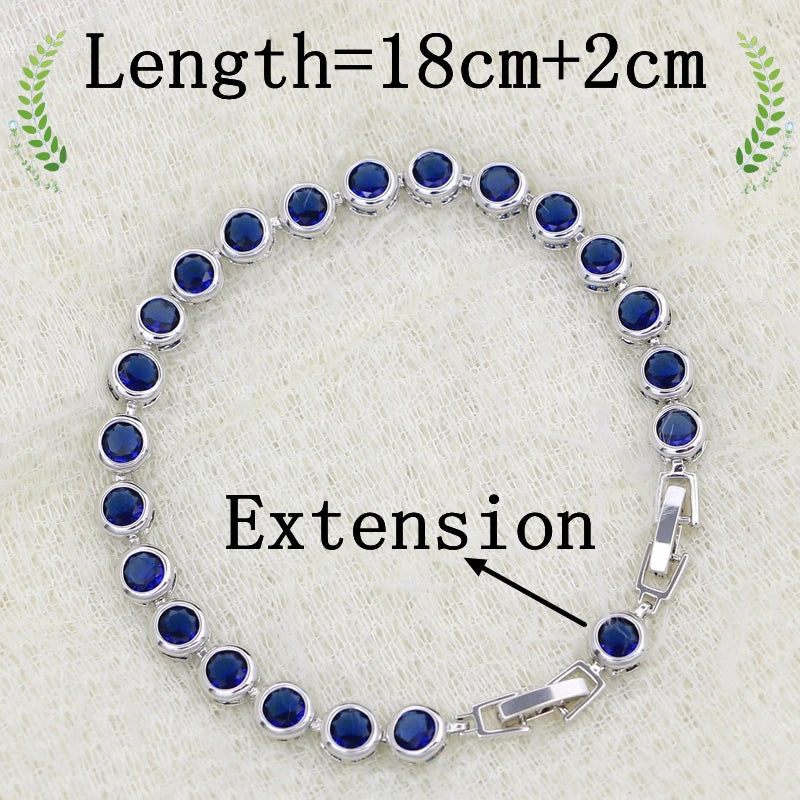 Sterling Silver Slim Bracelet for Women Blue Stone Zircon 18cm+2cm Extension Bracelet Two Buttons Free Gift Box