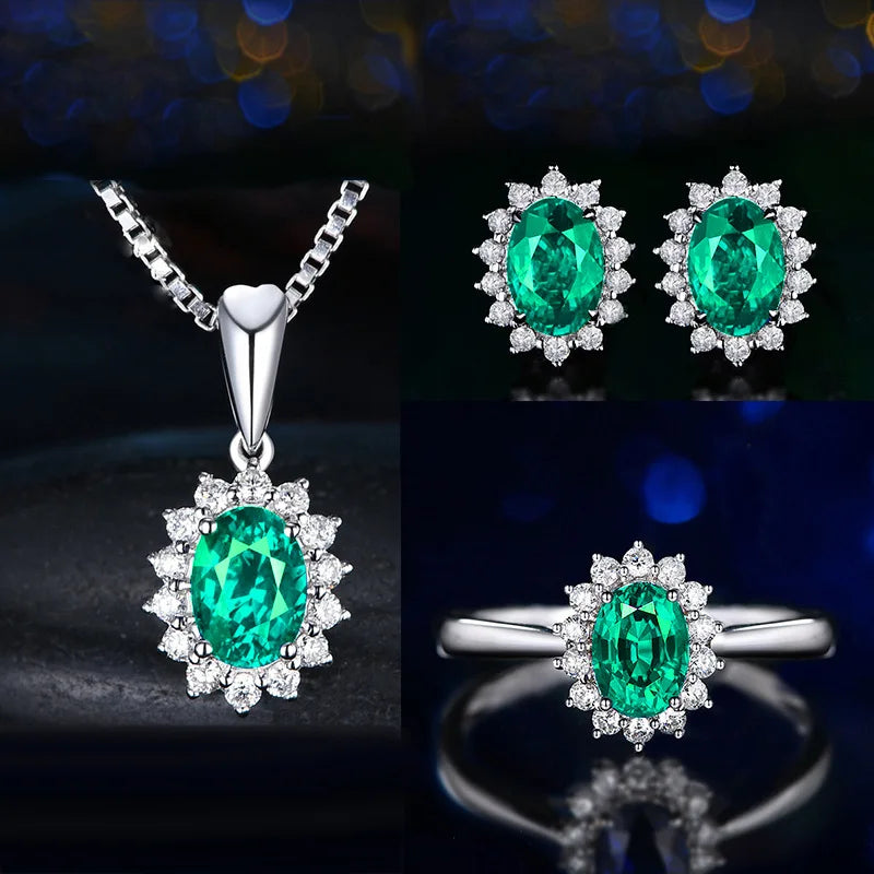 Elegant Silver 925 Earrings Jewelry Set Oval Shape Sapphire Zircon Gemstone Pendant Necklace Open Ring