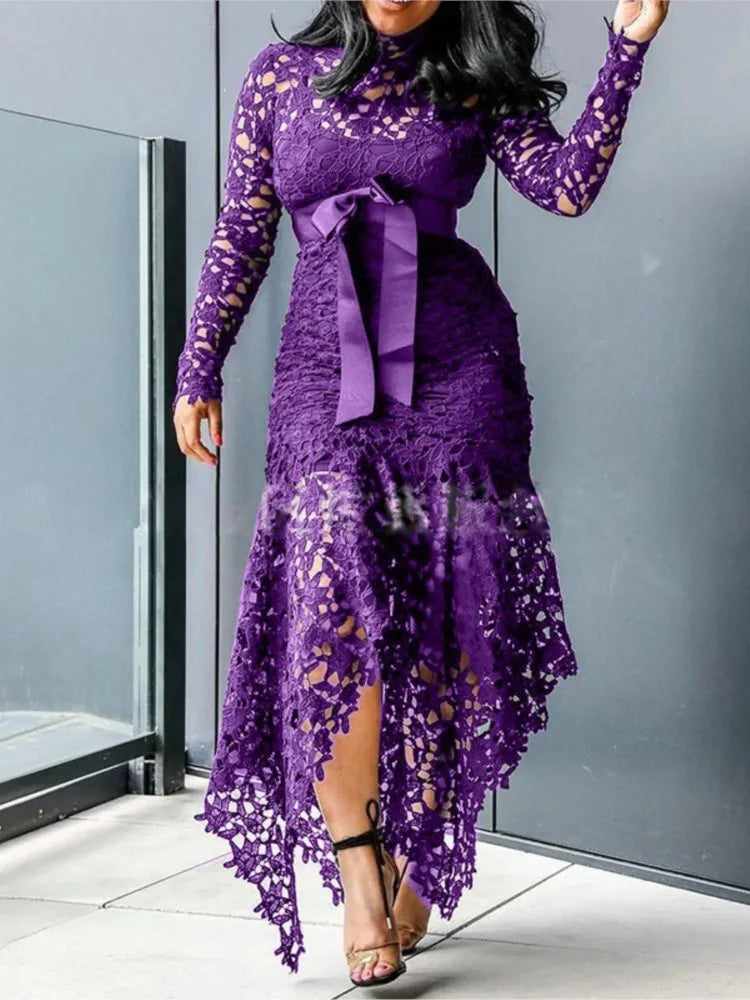 French Lace Bubble Sleeves Waist Cinching Slimming Dress Elegant Long Dress