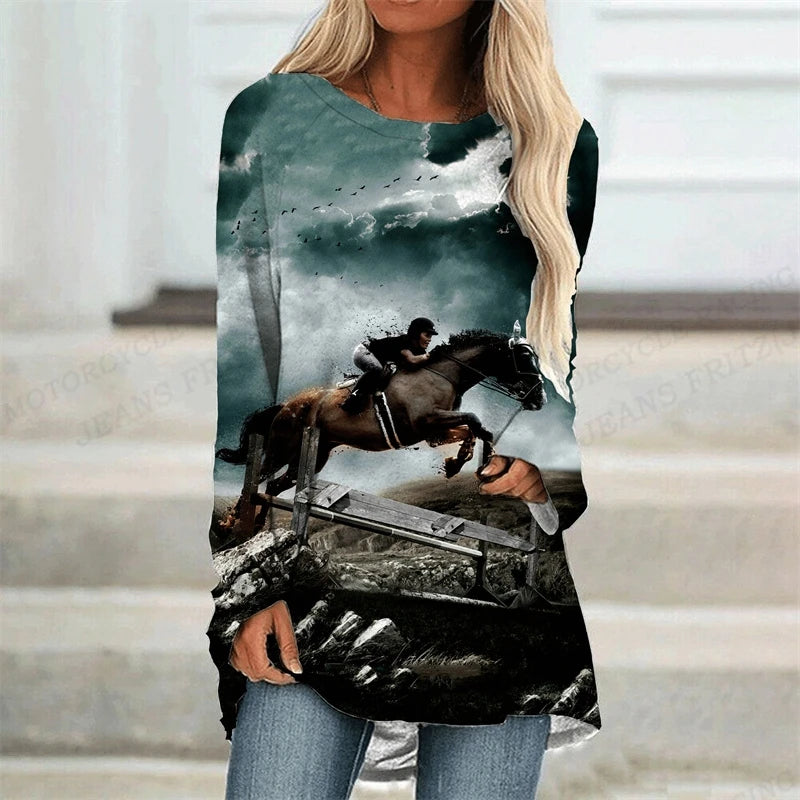 Horse T Shirt Long Sleeve Tops Tees Ladies