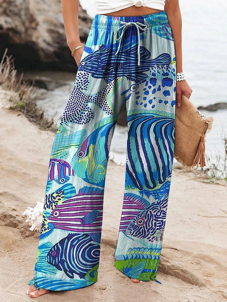 Relaxed-Fit Casual Pants 3D Floral Print Comfortable Breathable Fashionable Wide-Leg Pants