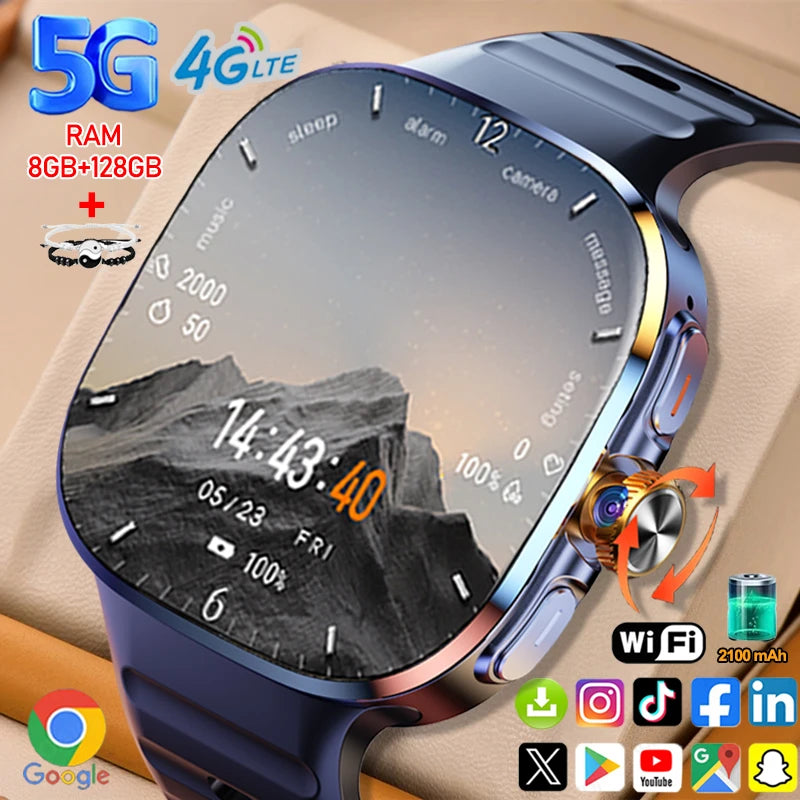 5G/4G Full Network Smart Watch 2.40 inch Big Screen HD Video Call 8GB+128GB RAM 2100mAh Google Play WIFI GPS Sim Card