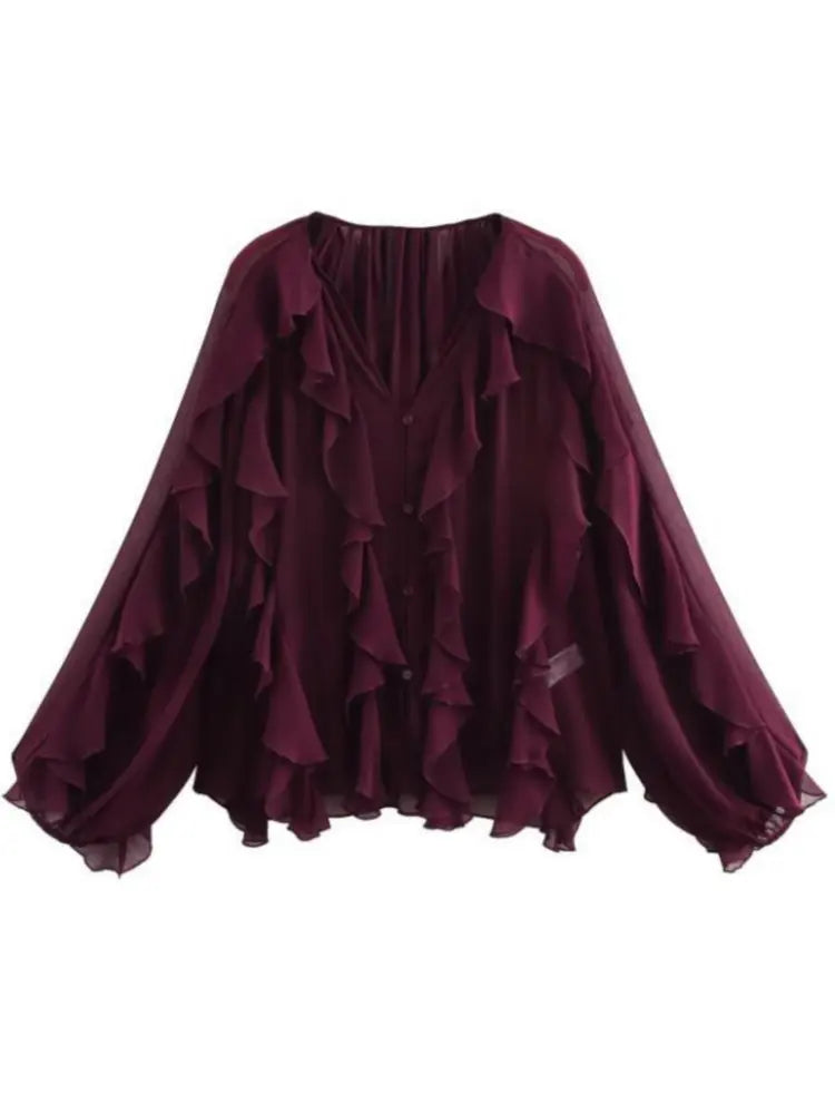 Loose Long Sleeve Layered Shirts Office Lady Vintage V-neck T