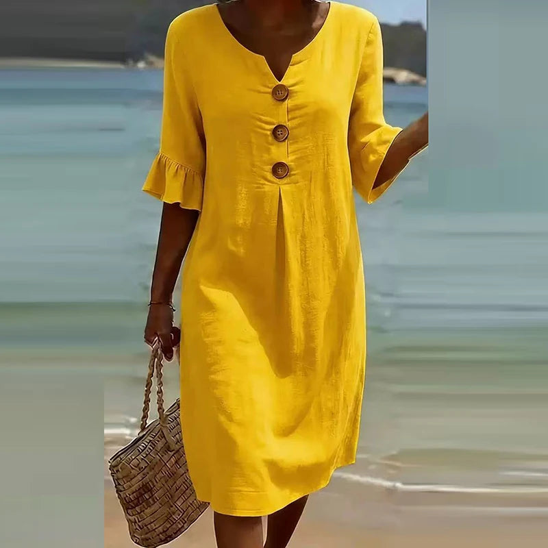 Elegant V Neck Half Sleeve Button Midi Holiday Dress