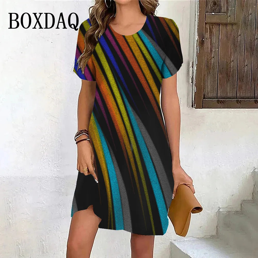 Gradient Rainbow Stripe Short Sleeve Dress O-Neck Print Loose Party Clothes