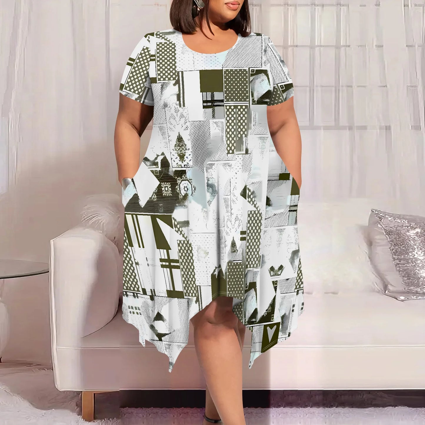 Eclectic Patchwork Abstract Round-Neck Short-Sleeve Dress