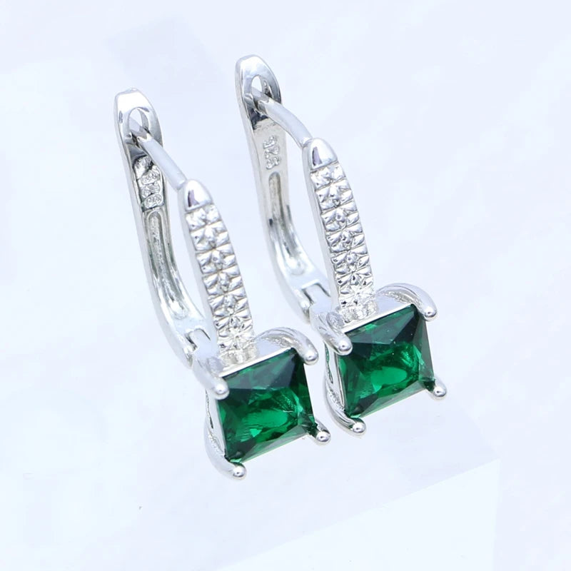 Sterling Silver Jewelry 3Set for Women Square Emerald Open Ring Earrings Pendant Necklace Free Gift Box