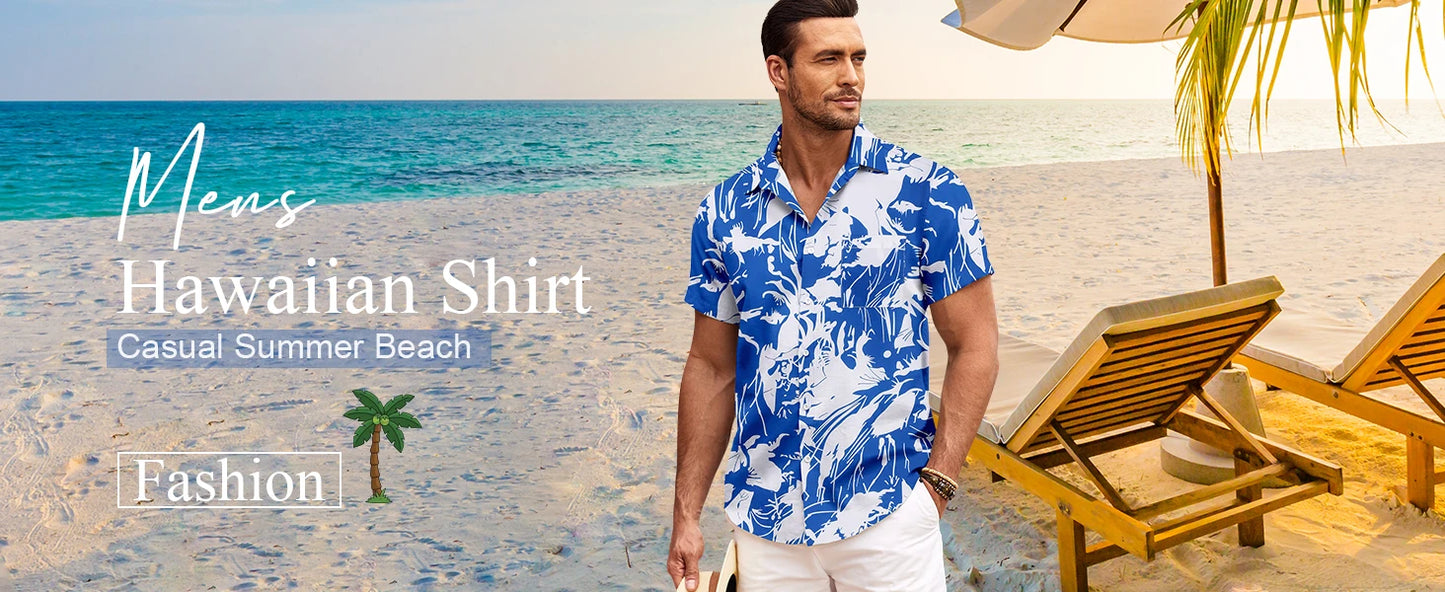 Men's Summer Patchwork Printed Button  Sleeve Shirt Tropical Vacation