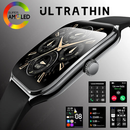 New Ultra Thin Smart Watch 1.96" AMOLED HD Pixel Display Always Show Time BT Call Reminder