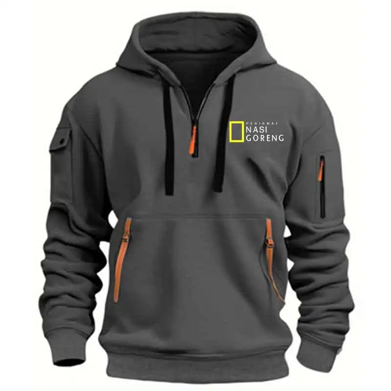Half-zip Multi-pocket Pullover Sports Long-sleeve Hooded  Sweatshirt