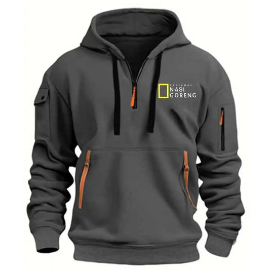 Half-zip Multi-pocket Pullover Sports Long-sleeve Hooded  Sweatshirt