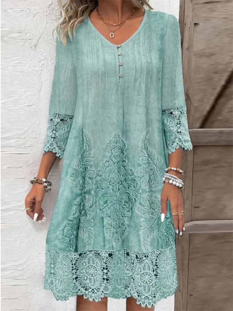 Short Sleeved Lace Printed Women's Dress Elegant Casual Fashionable