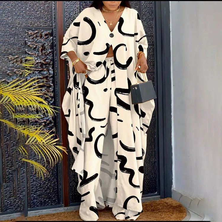 Elegant V-neck Button-up Printed Seven-quarter Sleeve Blouses