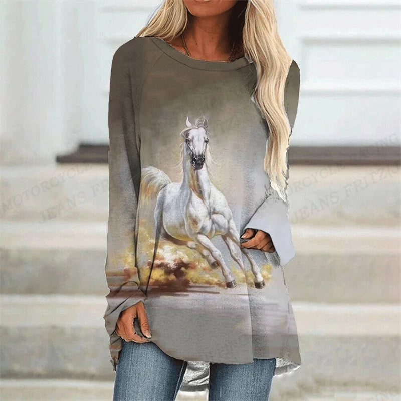 Horse T Shirt Long Sleeve Tops Tees Ladies