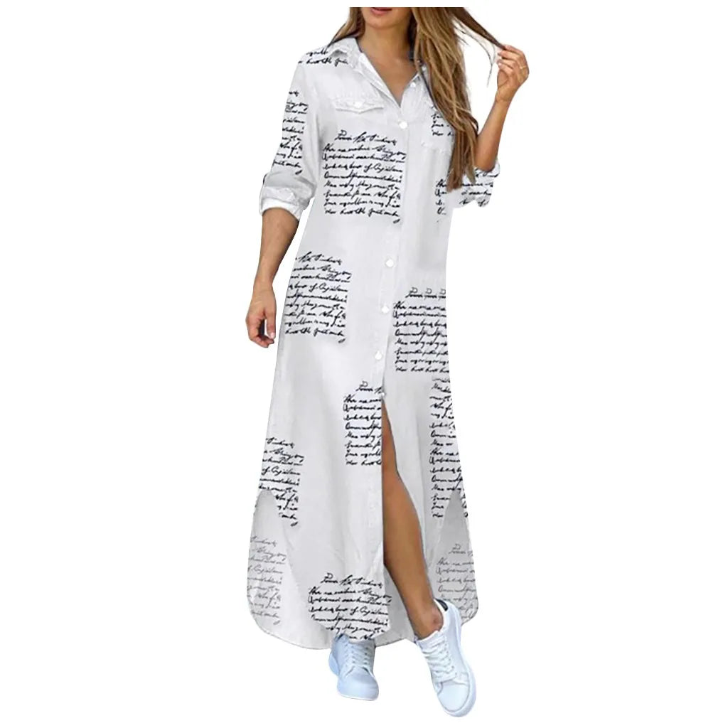 Long Sleeve  Pocket Button Print Shirts Dress