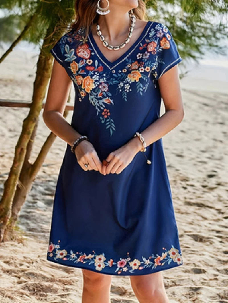 Bohemian Floral Print V-neck Slimming Short-sleeved Straight Dress