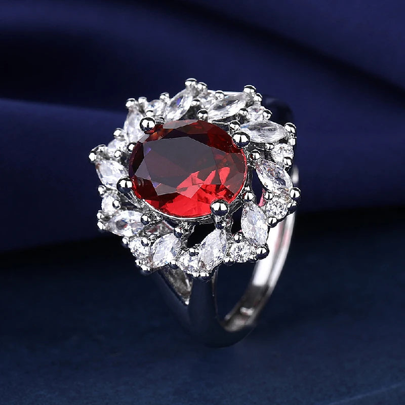 Trendy 925 Silver Jewelry Sets Ring Earrings Pendant Necklace with Ruby Zircon Accessories for Wedding Party Gifts
