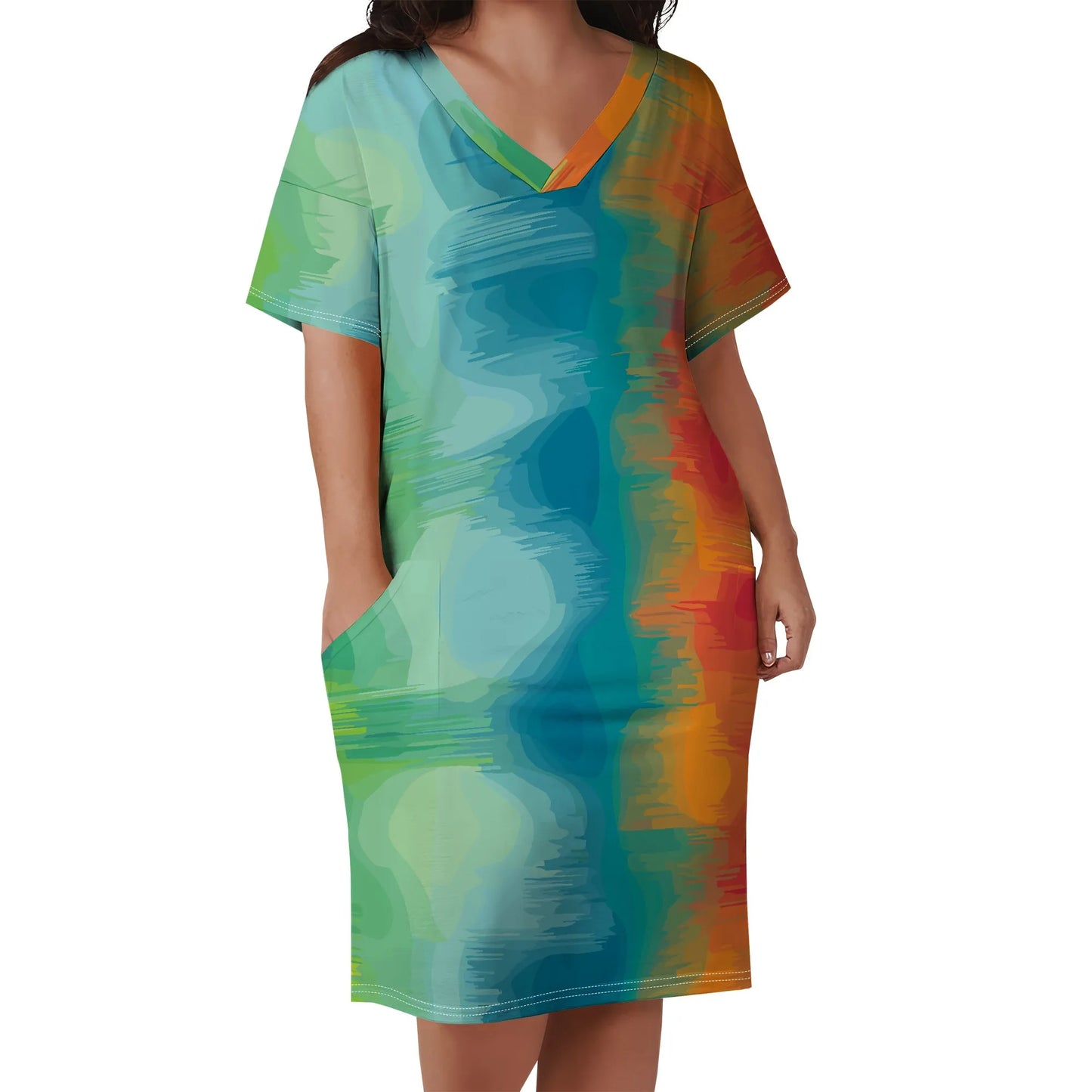 V Neck Short Sleeve with Front Two Pockets Solid Color Oversize Dress