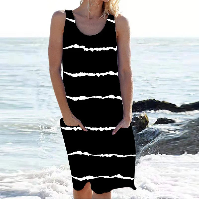 Stripe Print Pocket Sleeveless Knee Vacation And Party Dress