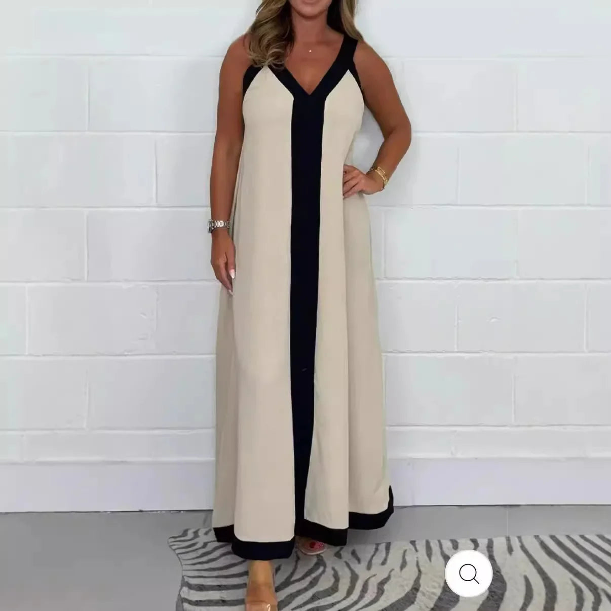 Sexy  V-Neck Color Blocking Tank Loose-Fit Waist Long Dress