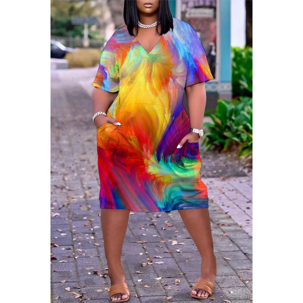 Ladies Short Sleeve Knee-length Boho V-Neck  Dress